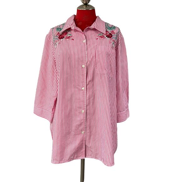 Pink & white striped casual top blouse shirt floral roses embroidery Blair XL - Picture 2 of 9